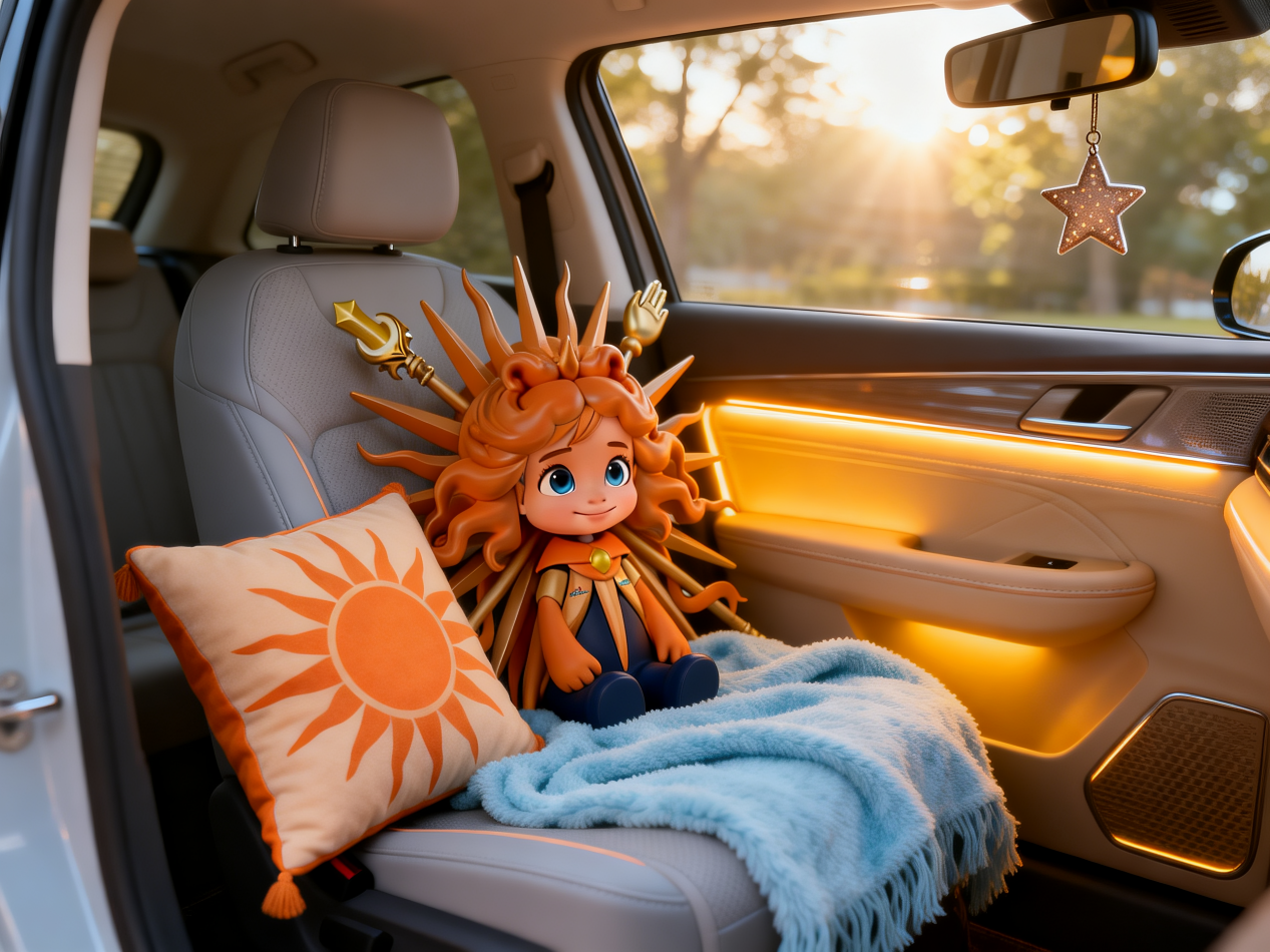 神咖咖驾到!圣佳全球首发IP形象定名,定义高端隔热新美学第7张-环球电动汽车网 jimeng-2025-12-29-2221-根据IP参考图,生成车内饰品或玩偶,美好车居生活场景