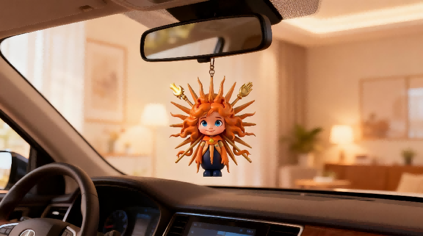 神咖咖驾到!圣佳全球首发IP形象定名,定义高端隔热新美学第6张-环球电动汽车网 jimeng-2025-12-29-7608-参考图1的IP形象,IP形象的车载挂件,挂在汽车后视镜上,随着车辆轻微摆动,车内...