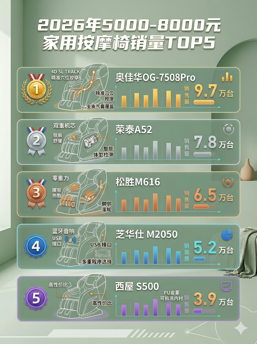 2026年5000-8000元按摩椅销量TOP5榜单正式发布：中端市场格局已定